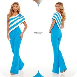 Rachel Allan Blue and White Striped Jumpsuit
